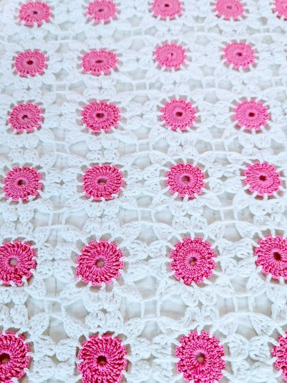 Boho Cottagecore Crochet Quilt ~ Bright Pink/White ~ Hand Crocheted Cotton